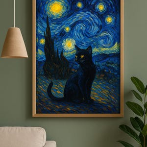 Starry Night Black Cat Art Print – Van Gogh Inspired Painting