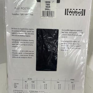 May include: Black sheer tights with the Wolford brand logo and the text "FUJI POETRY" and "Strumpfhose Tights Collont Panty". The packaging also includes size information: "18559 7005 black SMALL".