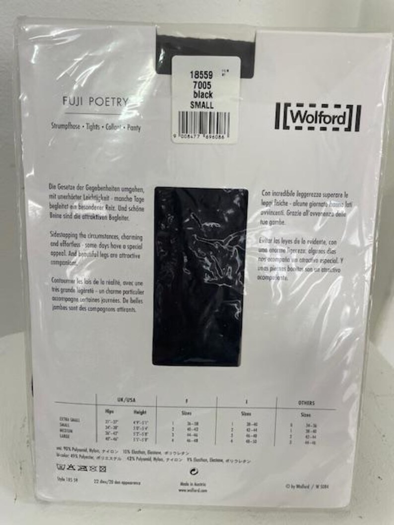 May include: Black sheer tights with the Wolford brand logo and the text "FUJI POETRY" and "Strumpfhose Tights Collont Panty". The packaging also includes size information: "18559 7005 black SMALL".