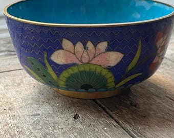 Vintage Cloisonne Bowl small Brass and Enamel Oriental Chinioserie