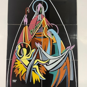 May include: Abstract artwork on six black tiles, depicting a religious scene. The image uses bold colours such as red, blue, yellow, and orange, with white outlines. The piece is signed "OLELUIA VEIRO - 1984".
