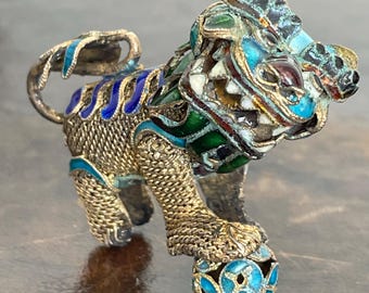 Pair of Vintage Chinese Cloisonne Foo Dogs Lions With Ball