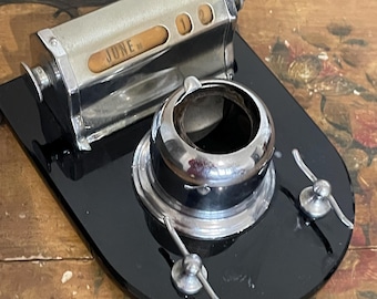 Art Deco Ranleigh bureau-organizer van chroom en vitrolietglas met inktpot en eeuwigdurende kalender