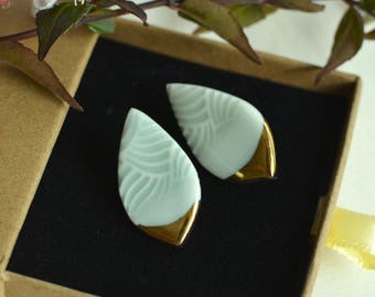 Minimalist Ceramic Stud Earrings, Turquoise Glaze, 24K Gold Accent