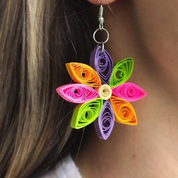 Colorful Flower Paper Earring, Handmade Jewelry, Quilling Art, Eco Friendly Jewelry, Gift For A Speacial Day,