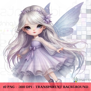 Watercolor Elegant Lavender Fairy Pixie Clipart, 10 PNG 300 DPI Image Whimsical Ethereal Fantasy Magical Ephemera Junk Journal Paper Craft