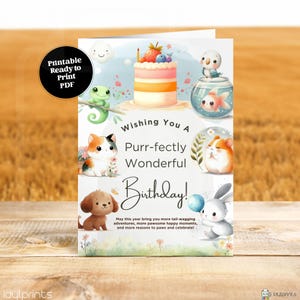 Birthday Card Watercolor Pets Cake Printable Greeting Cards, Happy Birthday Gift Colorful Art Kids Celebrate Instant Digital Download Ecard