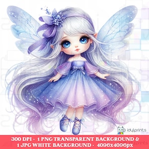 May include: A digital illustration of a fairy with long, flowing silver hair and large blue eyes. She wears a blue and purple dress with matching wings and a floral headpiece. The image has a whimsical, fantasy theme.