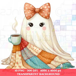 May include: A white ghost illustration featuring a large peach-colored bow with white dots, pink cheeks, and long eyelashes. The ghost is wrapped in a colorful patchwork quilt and holds a light green mug with steam rising, text reads 10 PNG 300 DPI.
