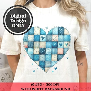 Denim Blue Patchwork Patterned Heart Clipart, Coquette Love Quilted Pattern Watercolor Romantic Hearts Quilt Paper Art Craft 10 JPG High Res