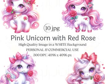 Little Pink Unicorns with Red Rose Clipart, Watercolor Cute Unicorn Baby Shower First Birthday Digital Scrapbooking Ephemera 10 JPG 300 DPI