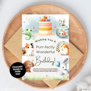 Birthday Card Watercolor Pets Cake Printable Greeting Cards, Happy Birthday Gift Colorful Art Kids Celebrate Instant Digital Download Ecard
