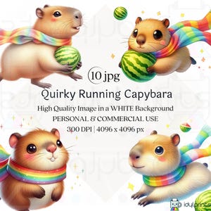 Quirky Whimsical Cute Running Capybara Clipart, 10 JPG 300 DPI Kawaii Animal Capybara Lover Capybaras with Rainbow Scarf Printable Designs