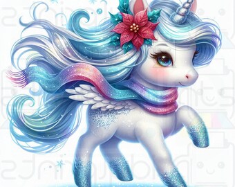Whimsical Winter Baby Unicorn Clipart, Watercolor Ephemera Fantasy Art Magical Animal Printables Craft Designs Nursery Decor 10 JPG High Res