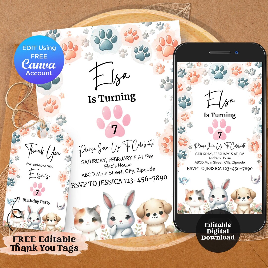 Editable Birthday Invitation Template, Pets Animal Kids Party Birthday ...