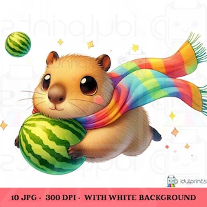 Quirky Whimsical Cute Running Capybara Clipart, 10 JPG 300 DPI Kawaii Animal Capybara Lover Capybaras with Rainbow Scarf Printable Designs