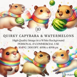 Quirky Whimsical Cute Running Capybara Clipart, 10 JPG 300 DPI Kawaii Animal Capybara Lover Capybaras with Rainbow Scarf Printable Designs