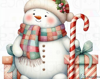 May include: A watercolor illustration of a snowman wearing a plaid hat and scarf, holding a candy cane and standing next to wrapped gifts. The snowman has a carrot nose and rosy cheeks. The image has the text "10 JPG • 300 DPI • WITH WHITE BACKGROUND".