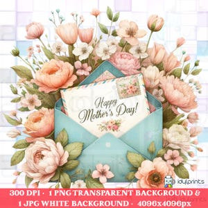 May include: Watercolor illustration of a light blue envelope overflowing with peach and white flowers. A card inside reads "Happy Mother's Day!" with floral accents. The image has a soft, romantic aesthetic, perfect for Mother's Day cards or gifts.
