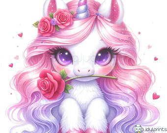Little Pink Unicorns with Red Rose Clipart, Watercolor Cute Unicorn Baby Shower First Birthday Digital Scrapbooking Ephemera 10 JPG 300 DPI
