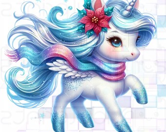 May include: A white unicorn with a long, flowing blue and white mane, a silver horn, and small wings. It wears a glittery, multi-colored scarf and a red poinsettia flower on its head. The hooves are blue and glittery, and a snowflake pattern is on its flank.