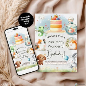 Birthday Card Watercolor Pets Cake Printable Greeting Cards, Happy Birthday Gift Colorful Art Kids Celebrate Instant Digital Download Ecard