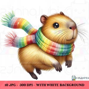 Quirky Cute Running Capybara Clipart, 10 JPG 300 DPI Whimsical Kawaii Animal Capybara Lover Capybaras with Rainbow Scarf Printable Designs