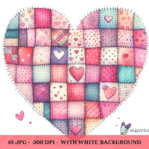 May include: A watercolor illustration of a heart-shaped patchwork design. The design features various squares in shades of pink, purple, and teal, each with unique patterns and heart motifs. The text at the bottom reads "10 JPG • 300 DPI • WITH WHITE BACKGROUND."