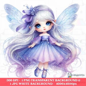May include: A digital illustration of a fairy with long, flowing silver hair and large blue eyes. She wears a blue and purple dress with matching shoes and has large, translucent wings. A purple flower adorns her head. The image has a whimsical, fantasy theme.