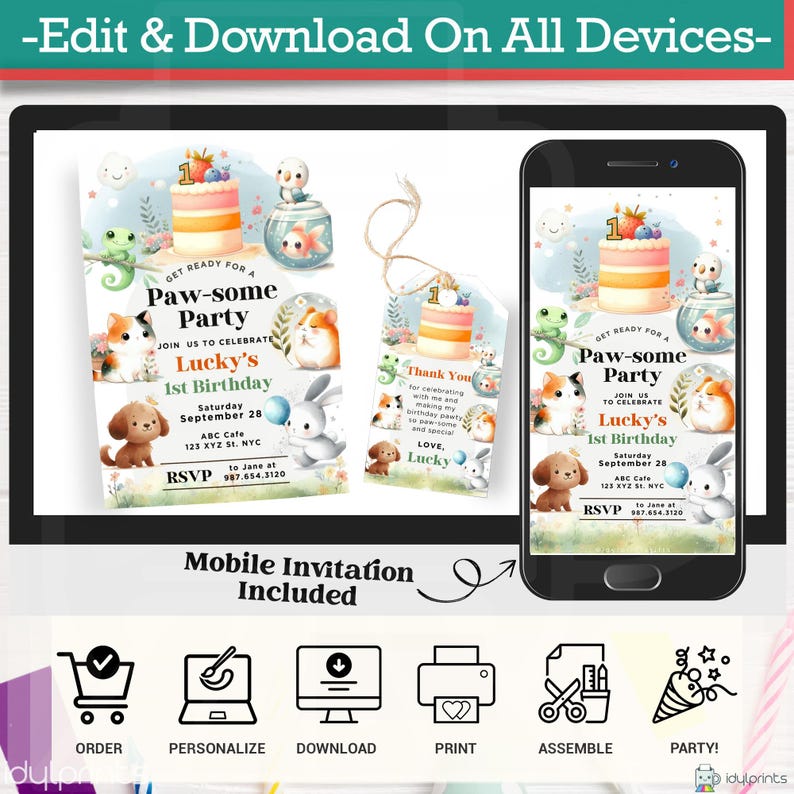 Editable Birthday Party Invitation Template, Pet Themed Bday Cake ...