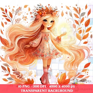 Puede incluir: Una ilustración digital de un personaje con largo cabello naranja fluido que viste un vestido floral y botas con cordones, adornado con una corona de hojas de otoño. El personaje está rodeado de hojas naranjas y marrones sobre un fondo blanco.