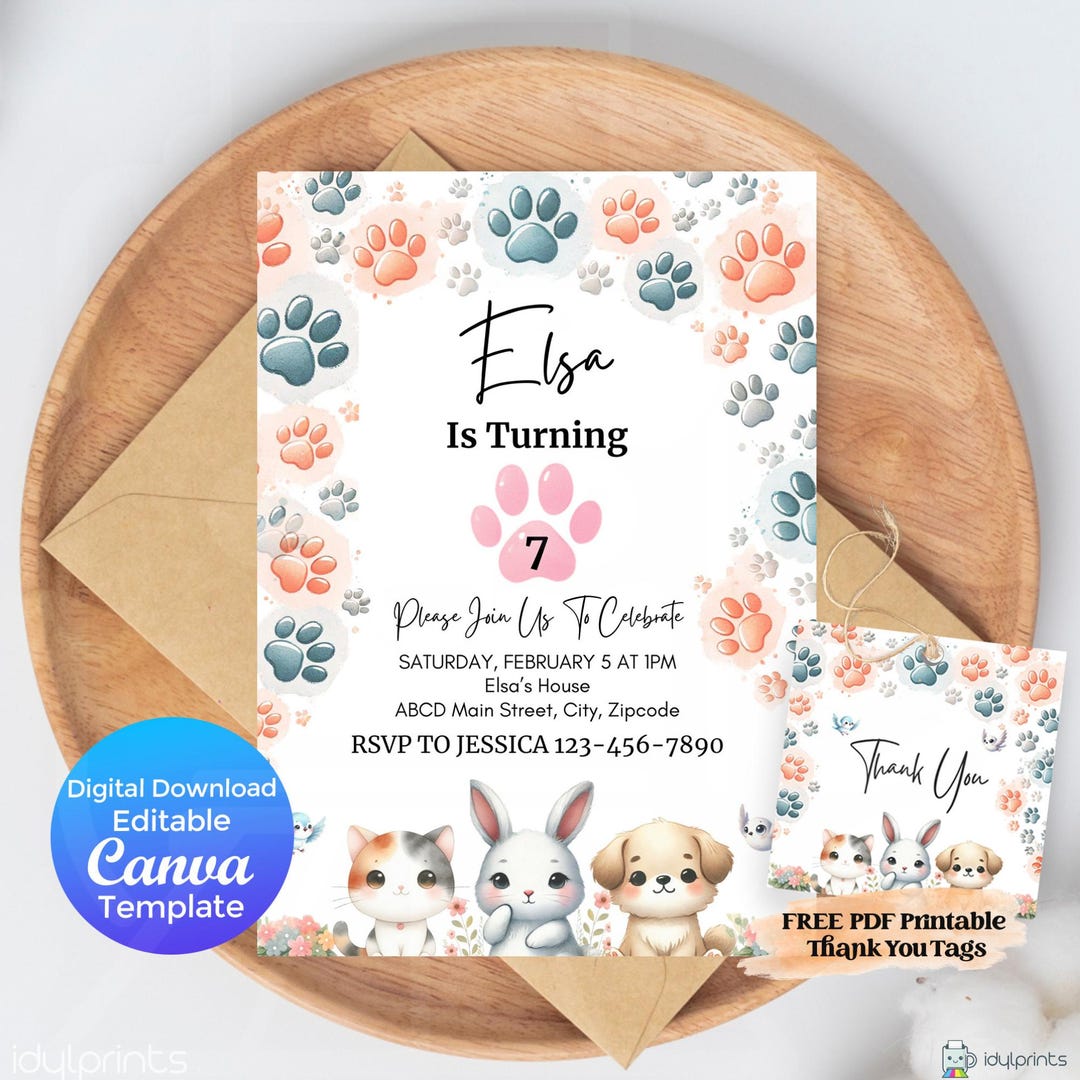 Editable Birthday Party Invitation Template, Pets Animal Kids Party Pet ...