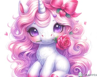 Little Pink Unicorn with Red Rose Clipart, Watercolor Cute Unicorns Baby Shower First Birthday Digital Scrapbooking Ephemera 10 JPG 300 DPI