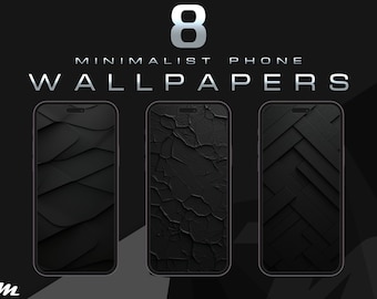 May include: Three smartphones displaying minimalist black phone wallpapers. The wallpapers feature textured designs, including a layered pattern, cracked effect, and a herringbone pattern. The image includes the text "8 MINIMALIST PHONE WALLPAPERS".