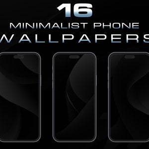 以下が含まれることがあります： 微妙な曲線とグラデーションを特徴とするミニマルなデザインの黒い携帯電話の壁紙が3つ。壁紙は、その上に「16 MINIMALIST PHONE WALLPAPERS」というテキストが書かれた黒い背景に表示されています。