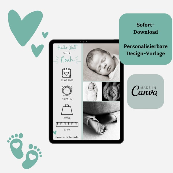 Geburtsanzeige | Digital Vorlage | E-Card for Geburt | Geburtsverkundung | Babyankündigung | customize | selbst gestalten | modern