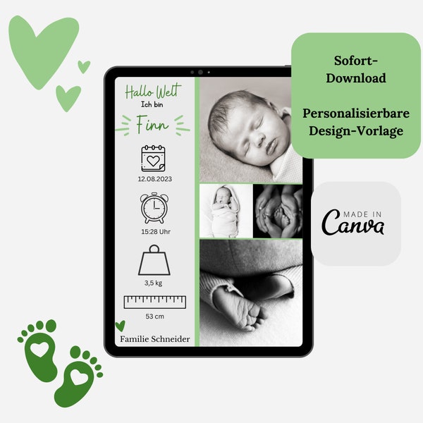 Geburtsanzeige | Digital Vorlage | E-Card for Geburt | Geburtsverkundung | Babyankündigung | customize | selbst gestalten | modern