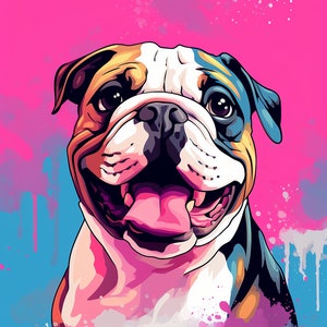 Colourful English Bulldog Portrait | Puppy Dog Portrait | Dripping Paint Aesthetic | AI Art Print Printable Image | Instant Download