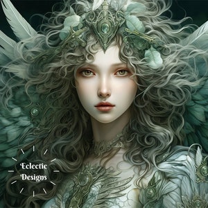 Fantasie muurafdruk engel | Magische en betoverende digitale kunst Angelic Home Decor afdrukbaar AI-kunstwerk | Afdrukken op aanvraag | Groen, blauwgroen, sereen