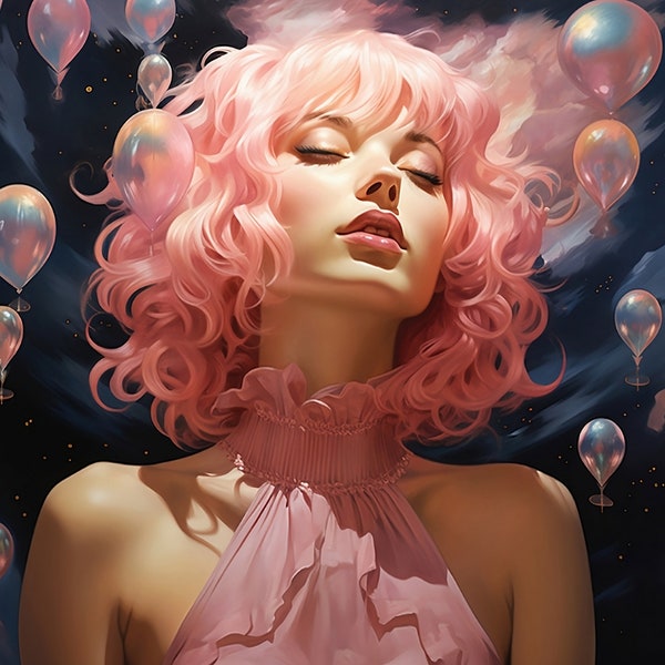 Verträumtes rosa Portrait einer Frau am Himmel | Himmlische Wandkunst | Druckbare Wohnkultur | Digitaler Download Print on Demand | Sofort Download