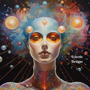Surreal Portrait of a Woman in Space | Celestial Psychedelic 1960s Wall Art | Digital Art Home Decor | Print on Demand | Instant Download