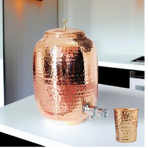 Pure Copper Hammered Water Dispenser, Handmade Hammered Copper Pitcher, Water Dispenser, Water Dispenser Jug 8L Disp. & 5 Tumbler