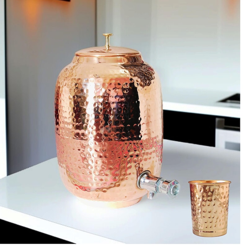 Pure Copper Hammered Water Dispenser, Handmade Hammered Copper Pitcher, Water Dispenser, Water Dispenser Jug 8L Disp. & 5 Tumbler