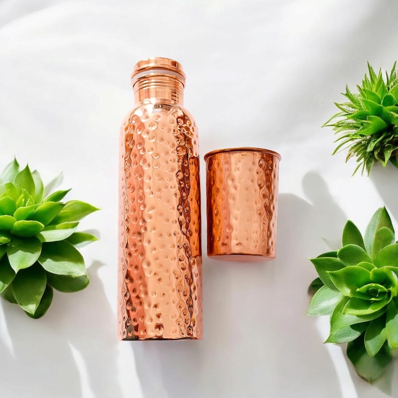 Pure Hammered Copper Water Bottle, Luxury Copper Bottle, Yoga Bottle, Handmade Copper Bottle, Ayurveda Benefits Bottle, Gym Bottle, 1 Bottle +  1 Glass