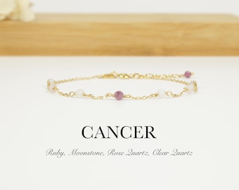 Bracelet signe astrologique du Cancer – rubis, pierre de lune, quartz rose, quartz clair | Chaîne en argent sterling 925, cristaux naturels, bijoux faits main délicats