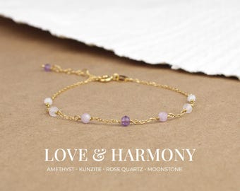 Love & Harmony Armband, Helande Kristallsmycken, Ametist, Kunzit, Rosenkvarts, Månsten, 925 Sterling Silver/Guldpläterad, Andlig Gåva