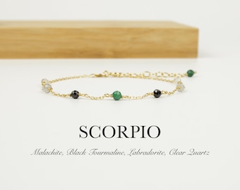 Scorpio Bracelet – Malachite, Black Tourmaline, Labradorite, Clear Quartz | 925 Sterling Silver, Tiny Natural Gemstones, Zodiac Jewelry