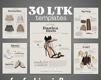 Puede incluir: Imagen promocional para influencers de moda, con 30 plantillas LTK. La imagen muestra varios artículos de moda, incluyendo zapatos, faldas y tacones. El texto incluye "Bestseller", "Spring" y "What's in my Cart".