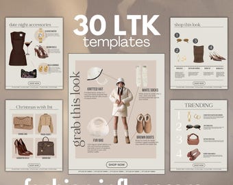 Puede incluir: Imagen promocional con el texto "30 LTK templates" y "fashion influencers". La imagen muestra varios artículos de moda, incluyendo un vestido, tacones, un bolso, una chaqueta y botas. La imagen está diseñada para promocionar accesorios de moda.