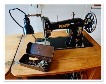 German Pfaff 30 Semi Sewing Machine in Cabinet Decorative Wooden Metal Nostalgic Vintage Sculpture, Hobby Antique Collectable Art Figurine